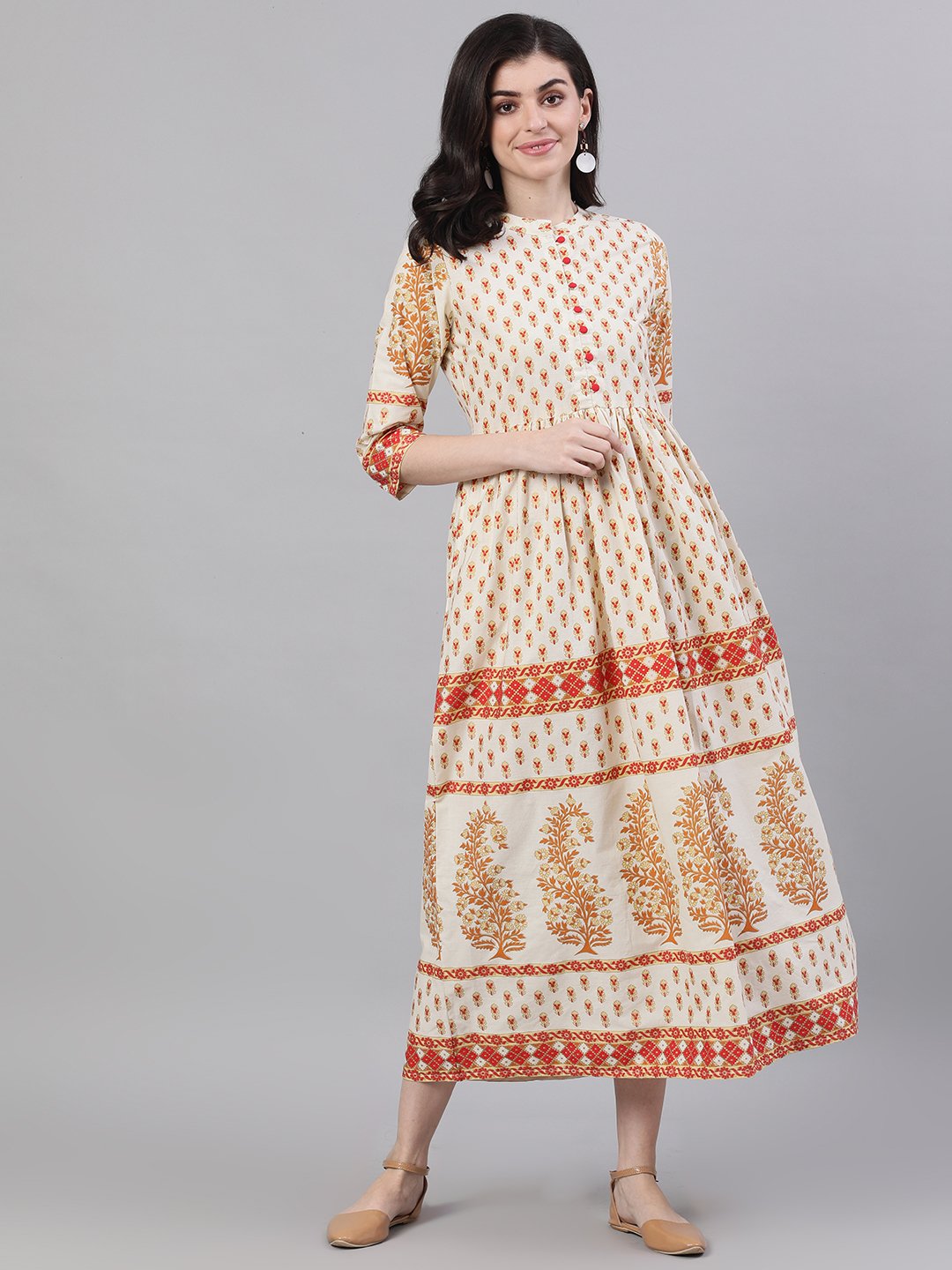 Women White Ethnic Motifs Printed Mandarin Collar Cotton Maxi Dress | LASVINI - Redefining Indian Fashion with Elegance