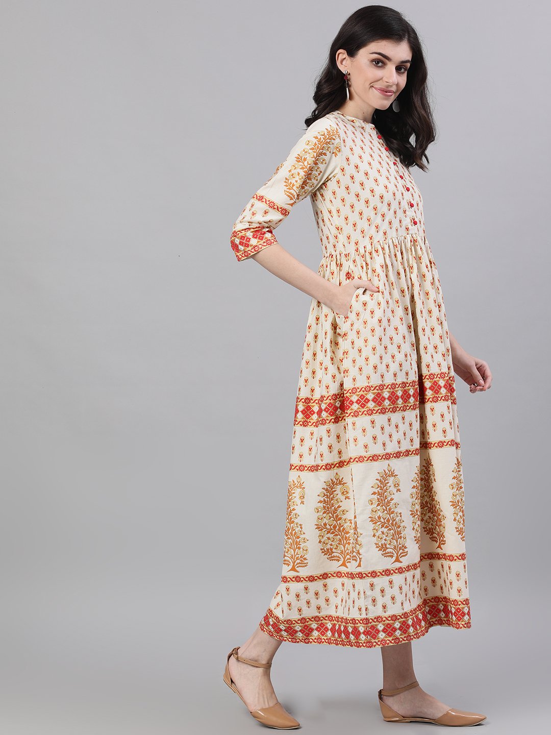 Women White Ethnic Motifs Printed Mandarin Collar Cotton Maxi Dress | LASVINI - Redefining Indian Fashion with Elegance