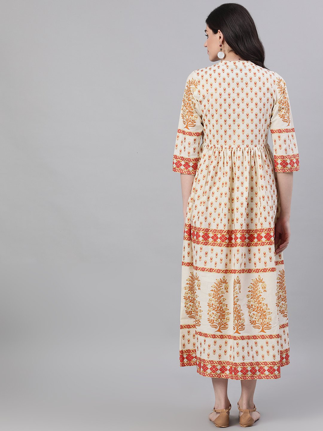 Women White Ethnic Motifs Printed Mandarin Collar Cotton Maxi Dress | LASVINI - Redefining Indian Fashion with Elegance