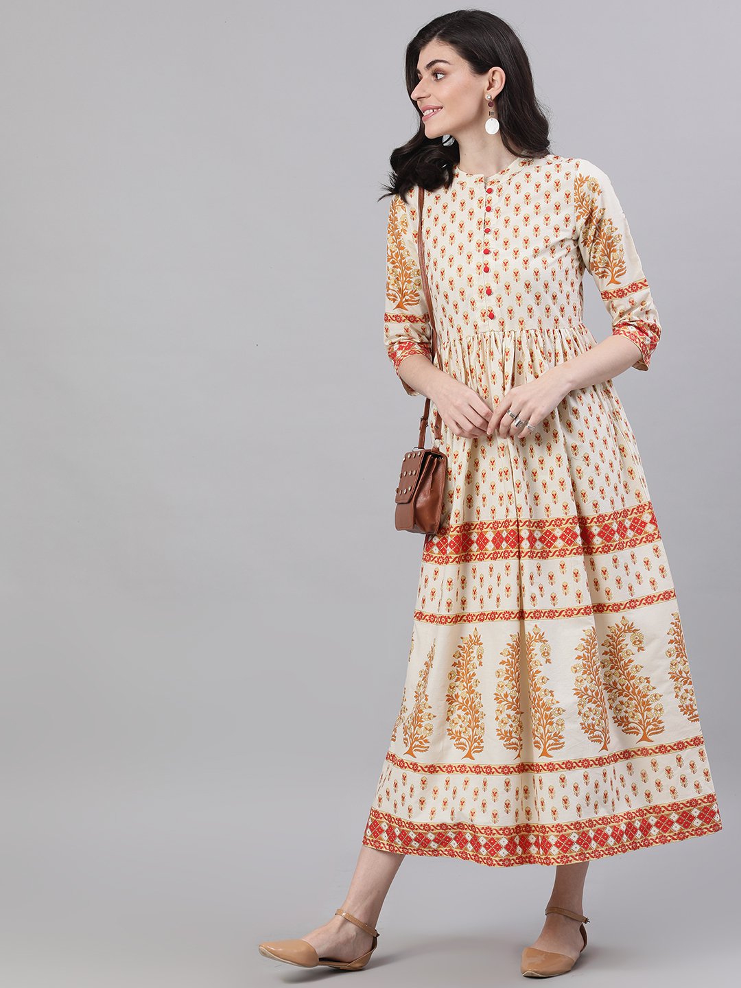 Women White Ethnic Motifs Printed Mandarin Collar Cotton Maxi Dress | LASVINI - Redefining Indian Fashion with Elegance