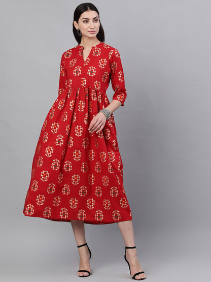 Women Red Ethnic Motifs Printed Mandarin Collar Viscose Rayon Maxi Dress | LASVINI - Redefining Indian Fashion with Elegance