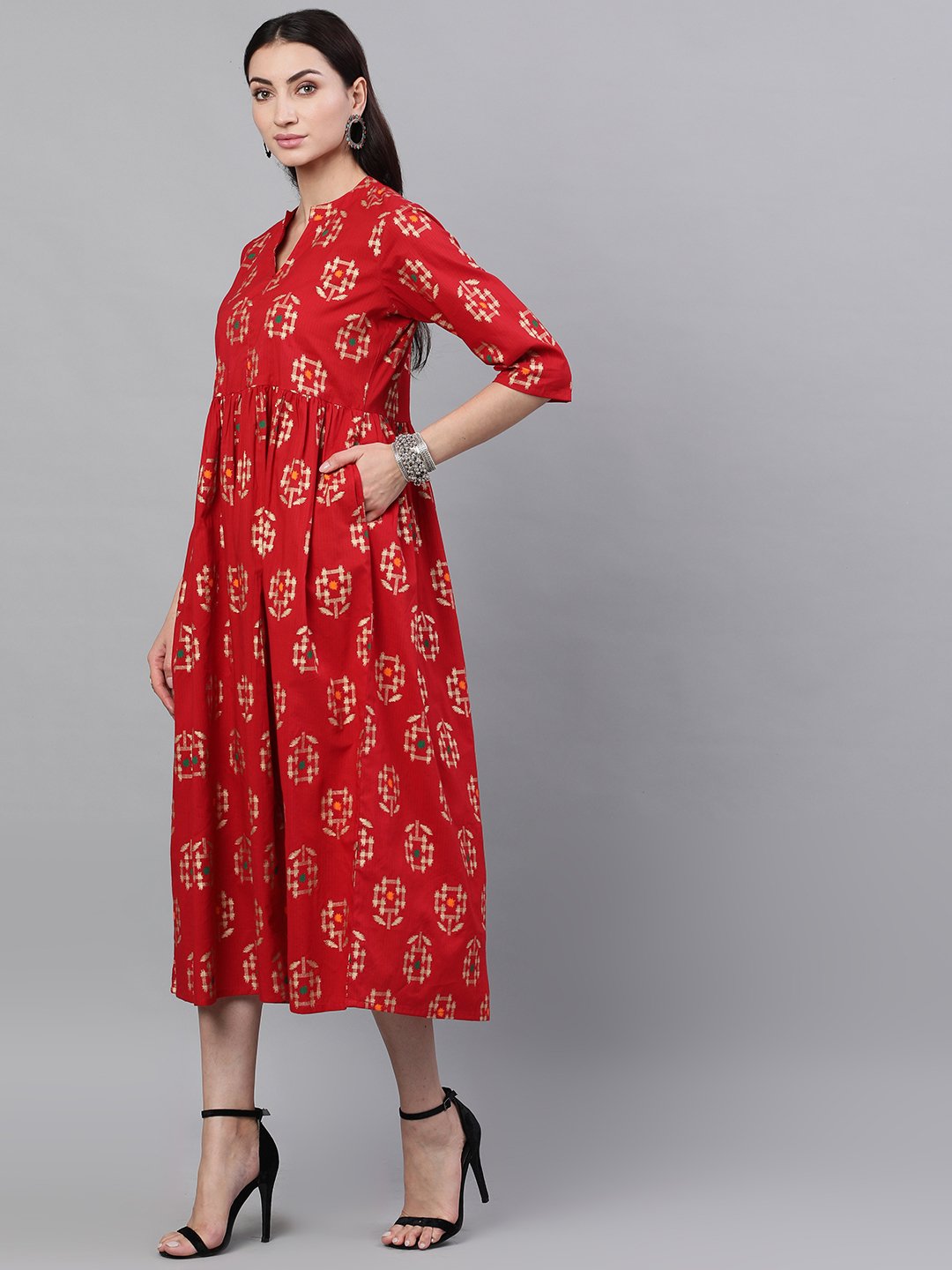 Women Red Ethnic Motifs Printed Mandarin Collar Viscose Rayon Maxi Dress | LASVINI - Redefining Indian Fashion with Elegance