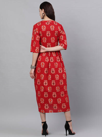 Women Red Ethnic Motifs Printed Mandarin Collar Viscose Rayon Maxi Dress | LASVINI - Redefining Indian Fashion with Elegance
