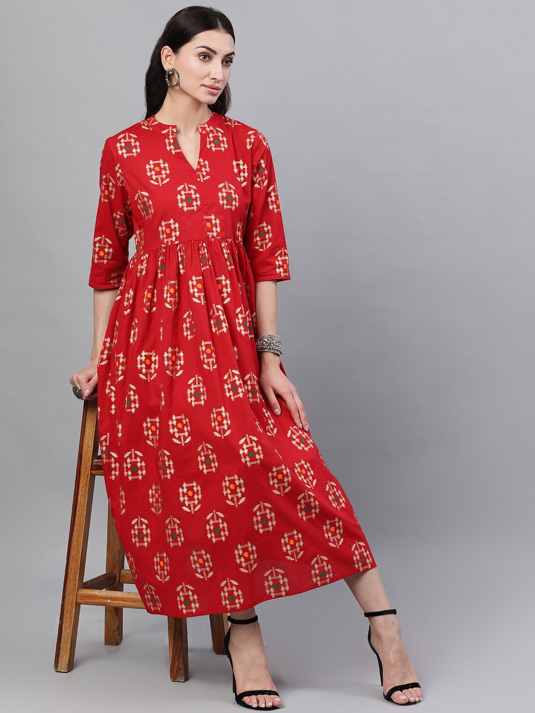 Women Red Ethnic Motifs Printed Mandarin Collar Viscose Rayon Maxi Dress | LASVINI - Redefining Indian Fashion with Elegance
