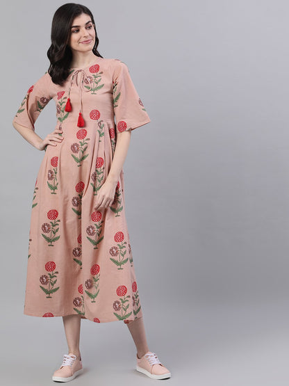 Women Dusty Pink Floral Printed Tie-Up Neck Cotton Maxi Dress | LASVINI - Redefining Indian Fashion with Elegance