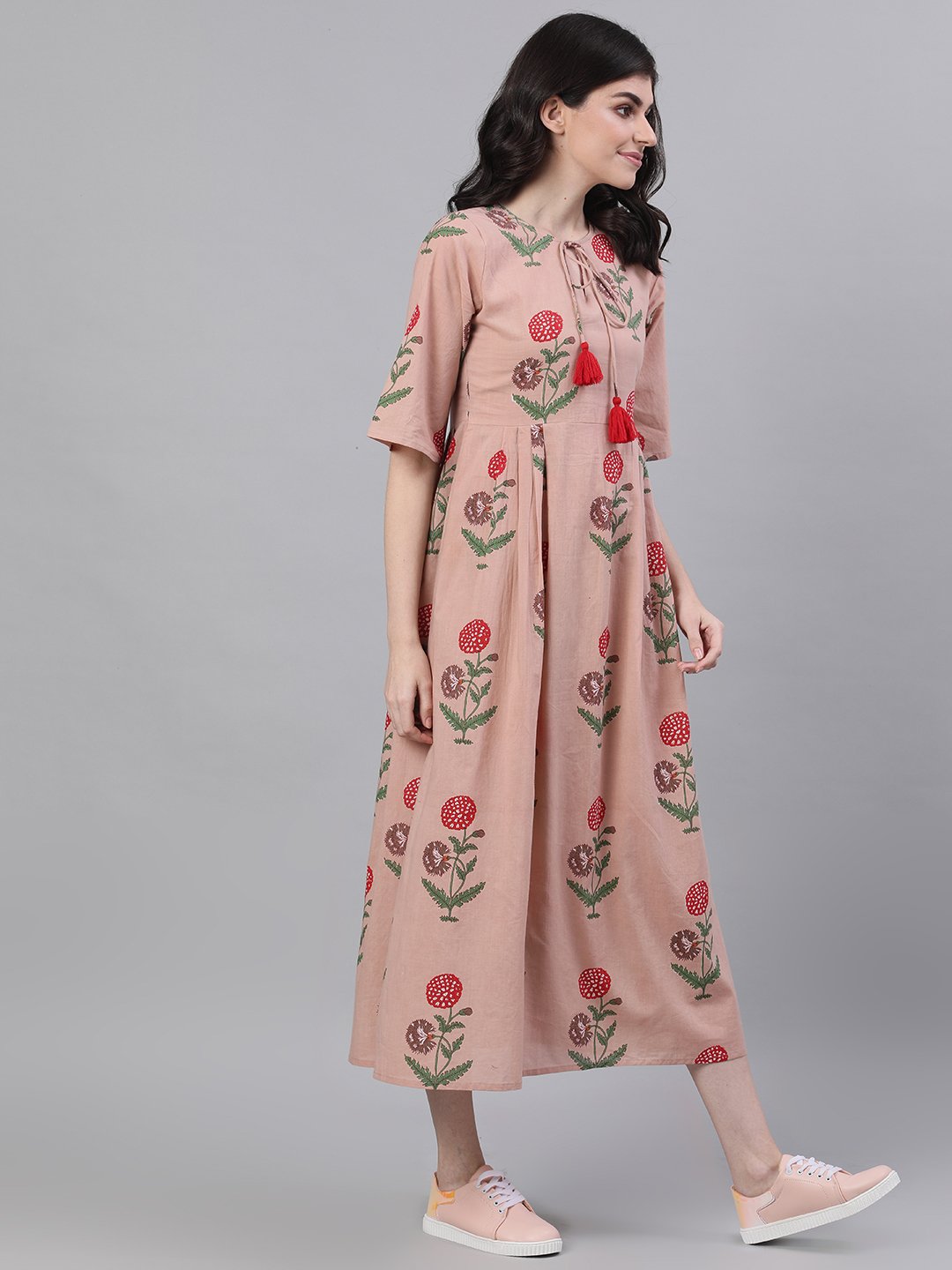 Women Dusty Pink Floral Printed Tie-Up Neck Cotton Maxi Dress | LASVINI - Redefining Indian Fashion with Elegance