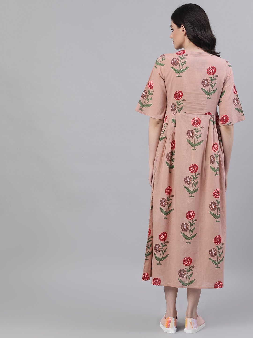 Women Dusty Pink Floral Printed Tie-Up Neck Cotton Maxi Dress | LASVINI - Redefining Indian Fashion with Elegance