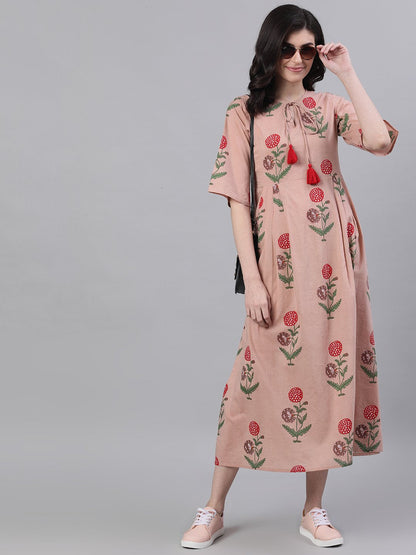 Women Dusty Pink Floral Printed Tie-Up Neck Cotton Maxi Dress | LASVINI - Redefining Indian Fashion with Elegance