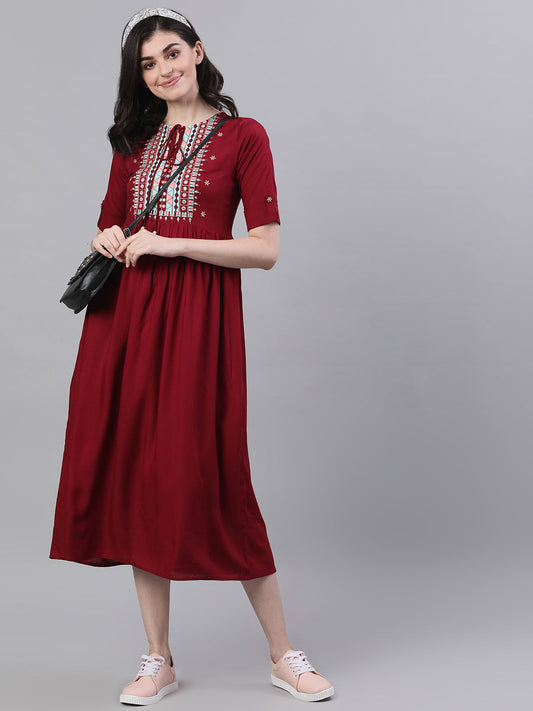 Women Maroon Solid Embroidered Tie-Up Neck Viscose Rayon A-Line Dress | LASVINI - Redefining Indian Fashion with Elegance