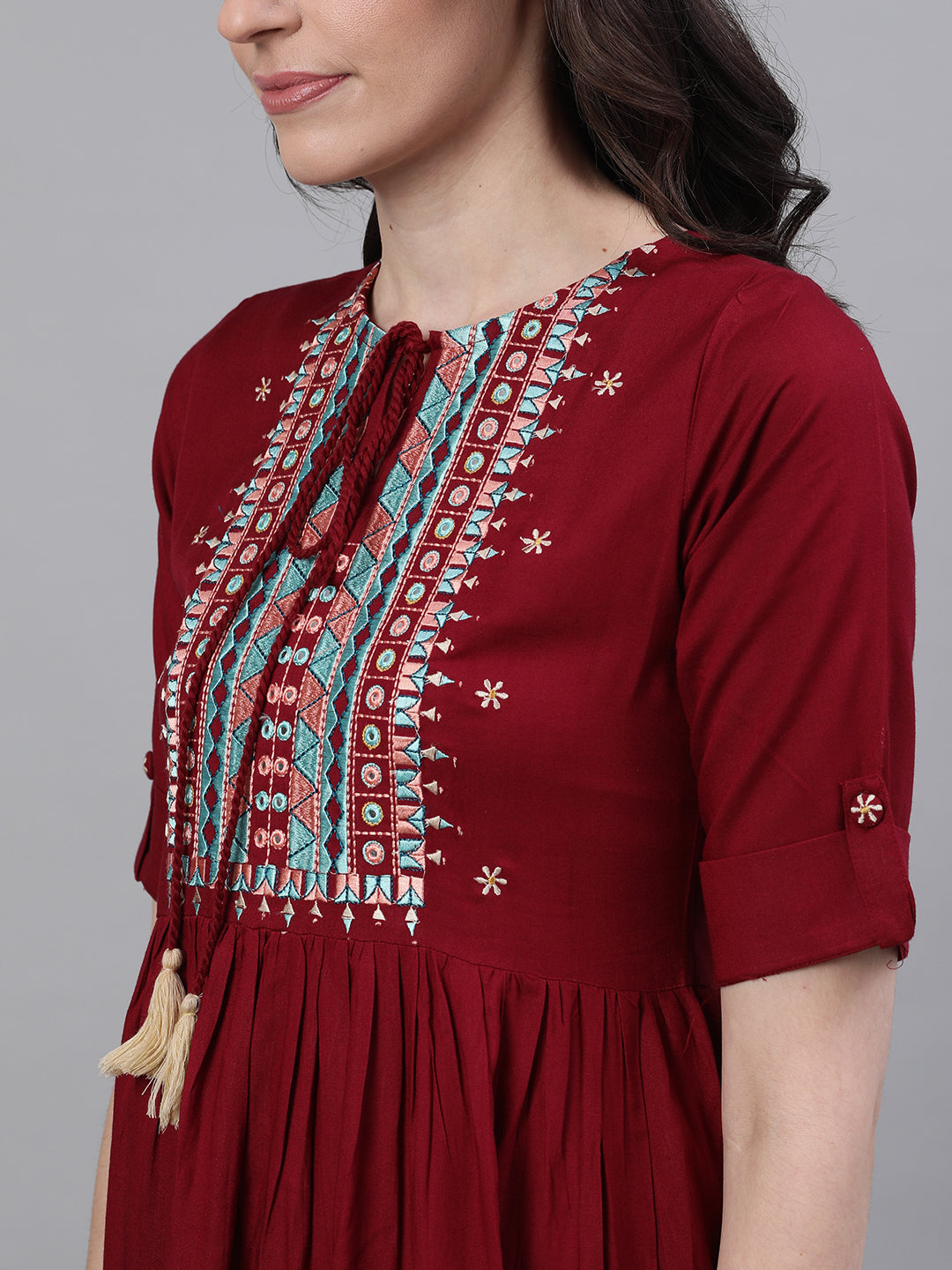 Women Maroon Solid Embroidered Tie-Up Neck Viscose Rayon A-Line Dress | LASVINI - Redefining Indian Fashion with Elegance