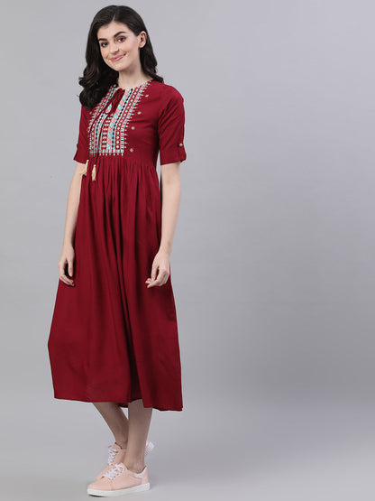 Women Maroon Solid Embroidered Tie-Up Neck Viscose Rayon A-Line Dress | LASVINI - Redefining Indian Fashion with Elegance