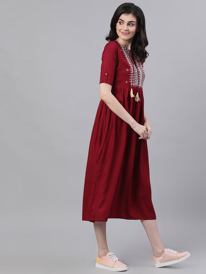 Women Maroon Solid Embroidered Tie-Up Neck Viscose Rayon A-Line Dress | LASVINI - Redefining Indian Fashion with Elegance