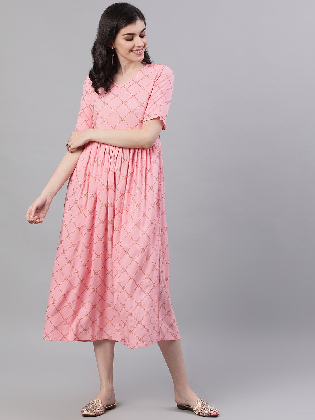Women Pink Checked Checked V-Neck Viscose Rayon Maxi Dress | LASVINI - Redefining Indian Fashion with Elegance