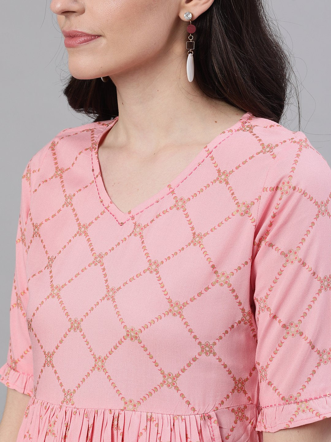 Women Pink Checked Checked V-Neck Viscose Rayon Maxi Dress | LASVINI - Redefining Indian Fashion with Elegance