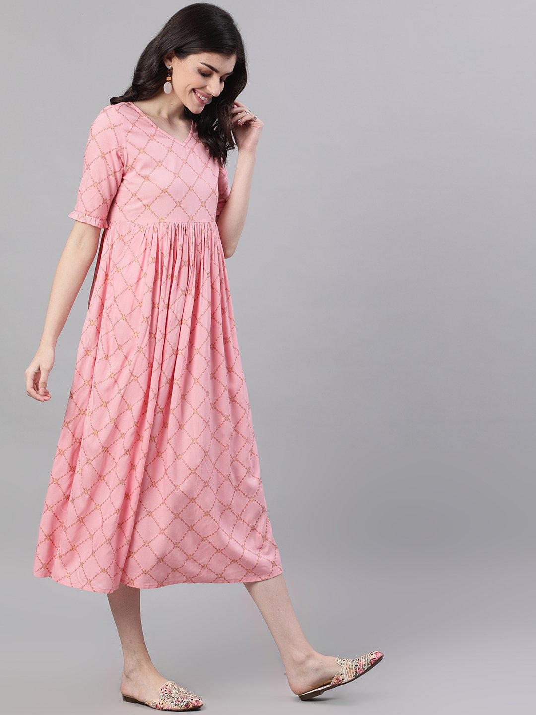 Women Pink Checked Checked V-Neck Viscose Rayon Maxi Dress | LASVINI - Redefining Indian Fashion with Elegance