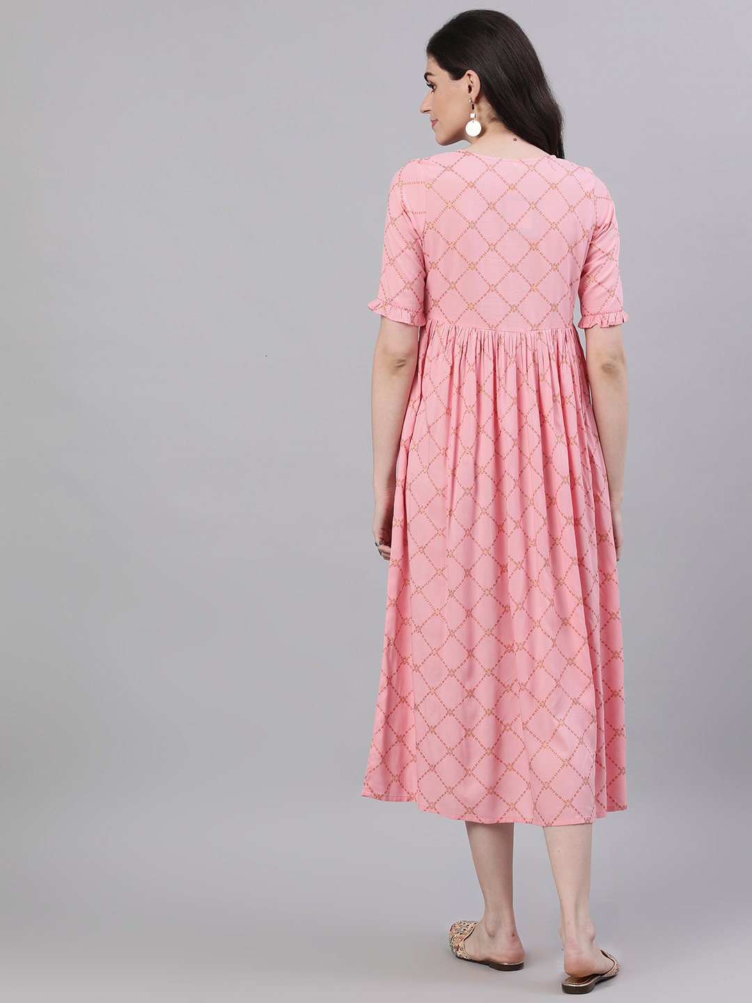 Women Pink Checked Checked V-Neck Viscose Rayon Maxi Dress | LASVINI - Redefining Indian Fashion with Elegance