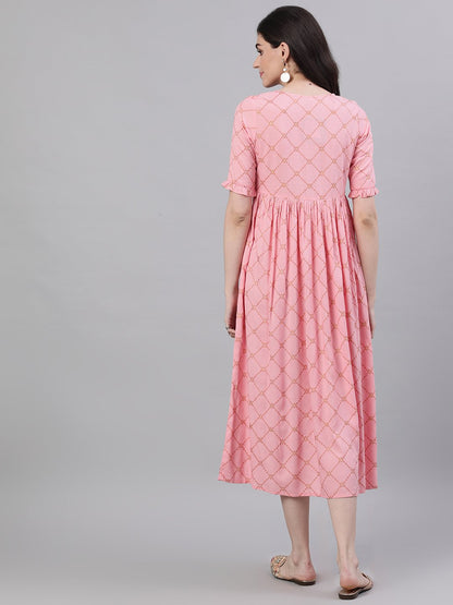 Women Pink Checked Checked V-Neck Viscose Rayon Maxi Dress | LASVINI - Redefining Indian Fashion with Elegance