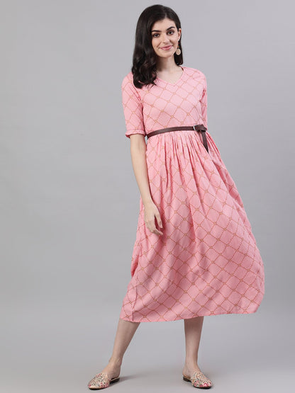 Women Pink Checked Checked V-Neck Viscose Rayon Maxi Dress | LASVINI - Redefining Indian Fashion with Elegance