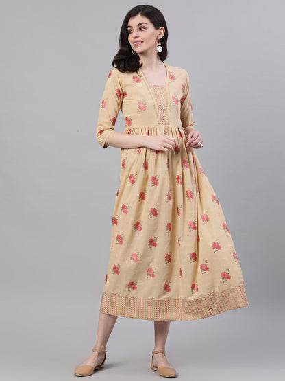 Women Yellow Floral Printed Square Neck Cotton Maxi Dress | LASVINI - Redefining Indian Fashion with Elegance