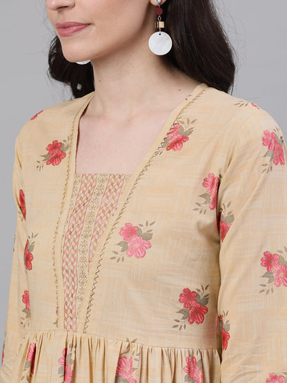 Women Yellow Floral Printed Square Neck Cotton Maxi Dress | LASVINI - Redefining Indian Fashion with Elegance