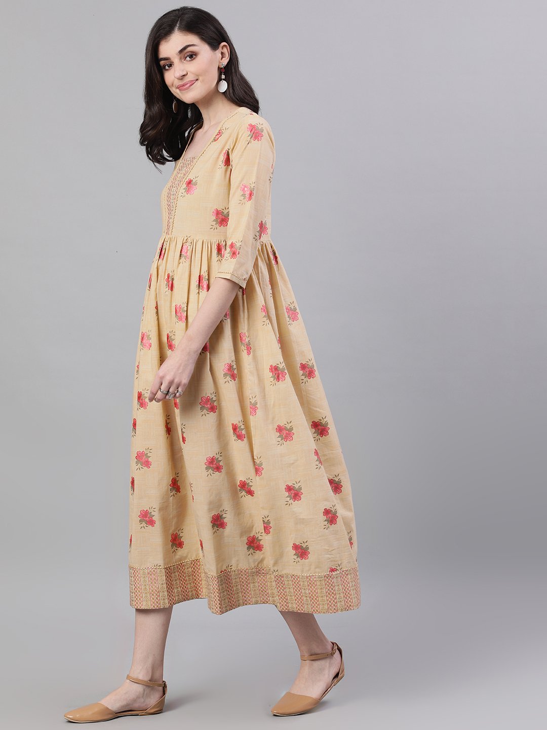 Women Yellow Floral Printed Square Neck Cotton Maxi Dress | LASVINI - Redefining Indian Fashion with Elegance