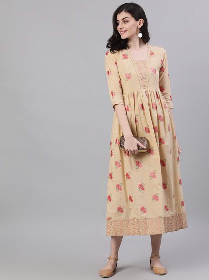 Women Yellow Floral Printed Square Neck Cotton Maxi Dress | LASVINI - Redefining Indian Fashion with Elegance