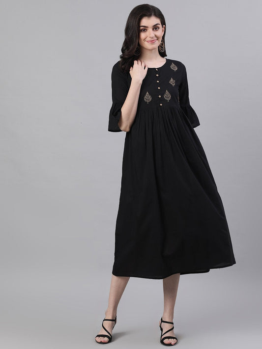 Women Black Solid Solid Round Neck Cotton Maxi Dress | LASVINI - Redefining Indian Fashion with Elegance