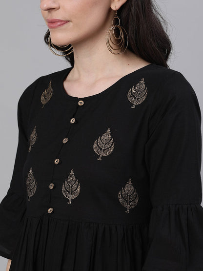 Women Black Solid Solid Round Neck Cotton Maxi Dress | LASVINI - Redefining Indian Fashion with Elegance