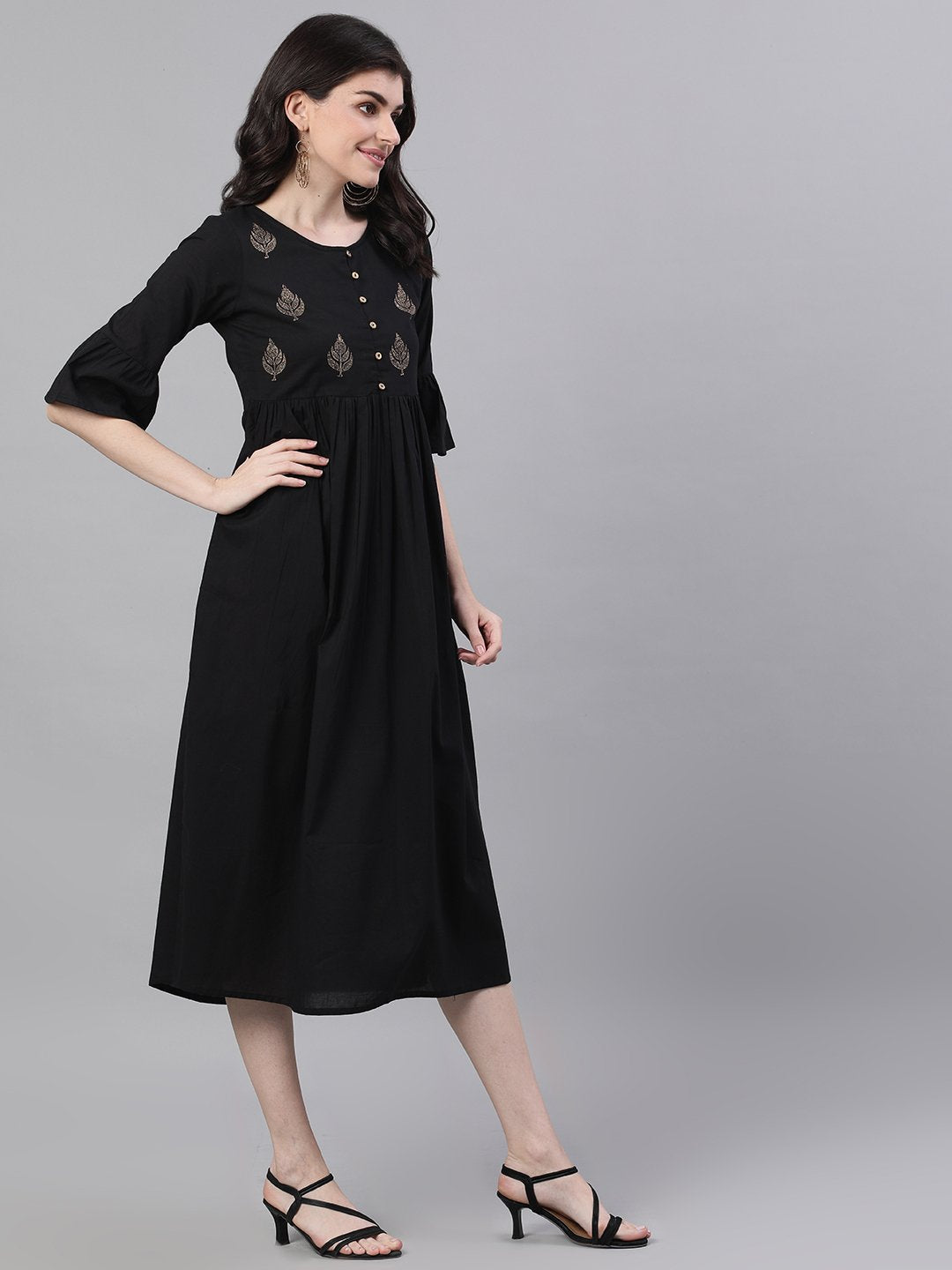 Women Black Solid Solid Round Neck Cotton Maxi Dress | LASVINI - Redefining Indian Fashion with Elegance