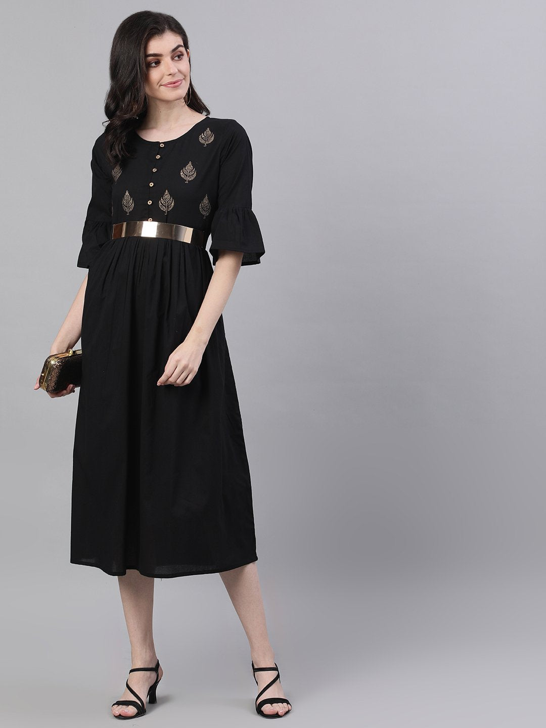 Women Black Solid Solid Round Neck Cotton Maxi Dress | LASVINI - Redefining Indian Fashion with Elegance