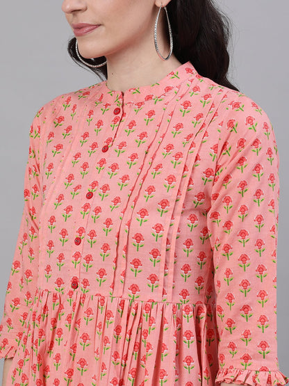 Women Pink Floral Printed Mandarin Collar Cotton Maxi Dress | LASVINI - Redefining Indian Fashion with Elegance