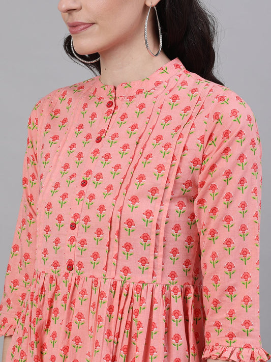 Women Pink Floral Printed Mandarin Collar Cotton Maxi Dress | LASVINI - Redefining Indian Fashion with Elegance