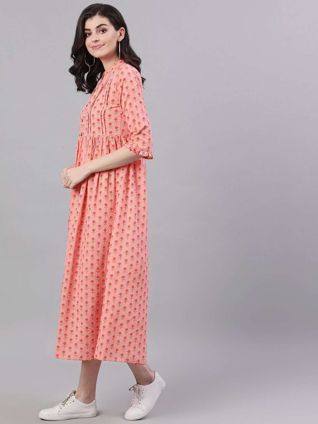 Women Pink Floral Printed Mandarin Collar Cotton Maxi Dress | LASVINI - Redefining Indian Fashion with Elegance