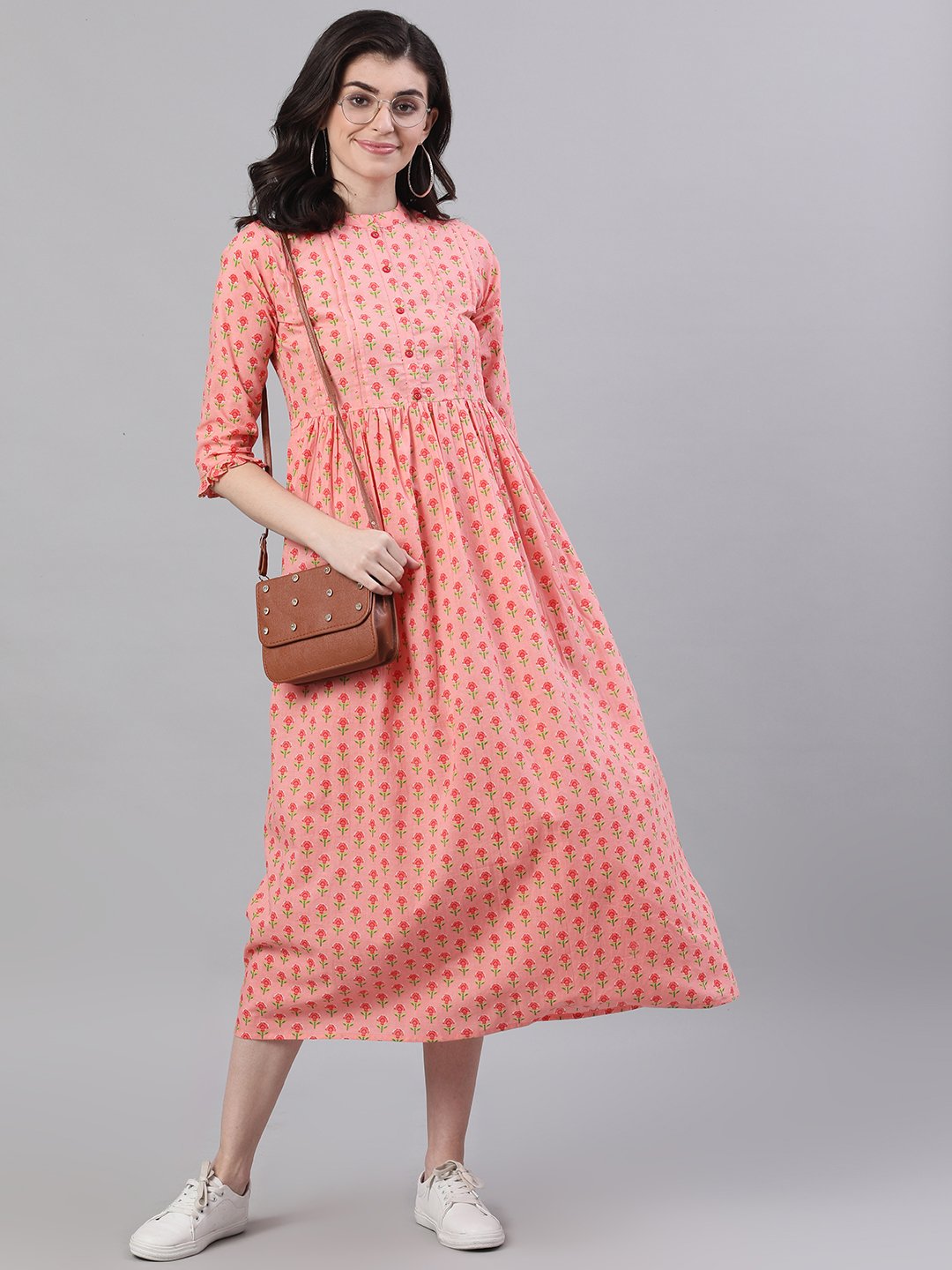 Women Pink Floral Printed Mandarin Collar Cotton Maxi Dress | LASVINI - Redefining Indian Fashion with Elegance