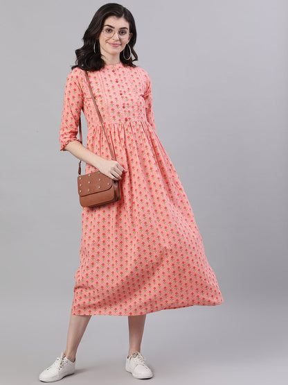 Women Pink Floral Printed Mandarin Collar Cotton Maxi Dress | LASVINI - Redefining Indian Fashion with Elegance
