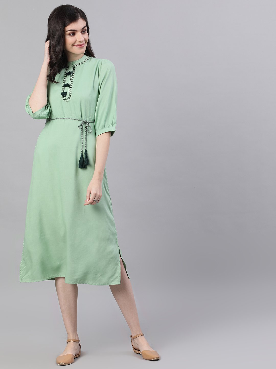 Women Pastel Green Solid Solid Mandarin Collar Viscose Rayon Maxi Dress | LASVINI - Redefining Indian Fashion with Elegance