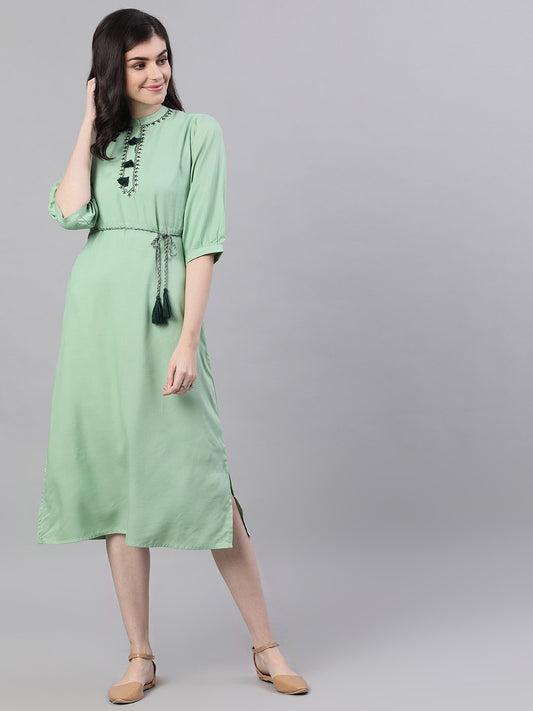 Women Pastel Green Solid Solid Mandarin Collar Viscose Rayon Maxi Dress | LASVINI - Redefining Indian Fashion with Elegance