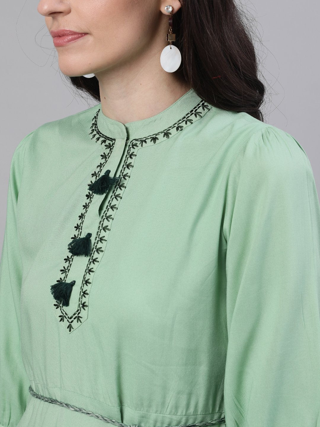 Women Pastel Green Solid Solid Mandarin Collar Viscose Rayon Maxi Dress | LASVINI - Redefining Indian Fashion with Elegance