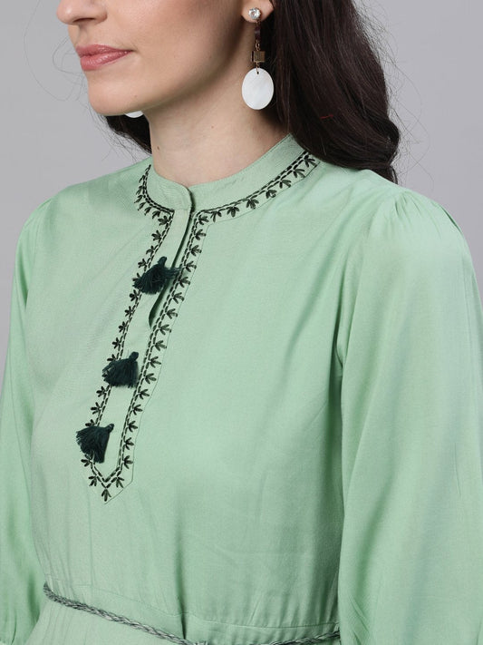 Women Pastel Green Solid Solid Mandarin Collar Viscose Rayon Maxi Dress | LASVINI - Redefining Indian Fashion with Elegance