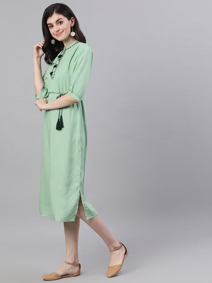 Women Pastel Green Solid Solid Mandarin Collar Viscose Rayon Maxi Dress | LASVINI - Redefining Indian Fashion with Elegance