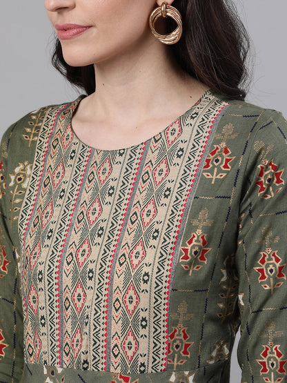 Women Green Geometric Printed Round Neck Cotton Maxi Dress | LASVINI - Redefining Indian Fashion with Elegance