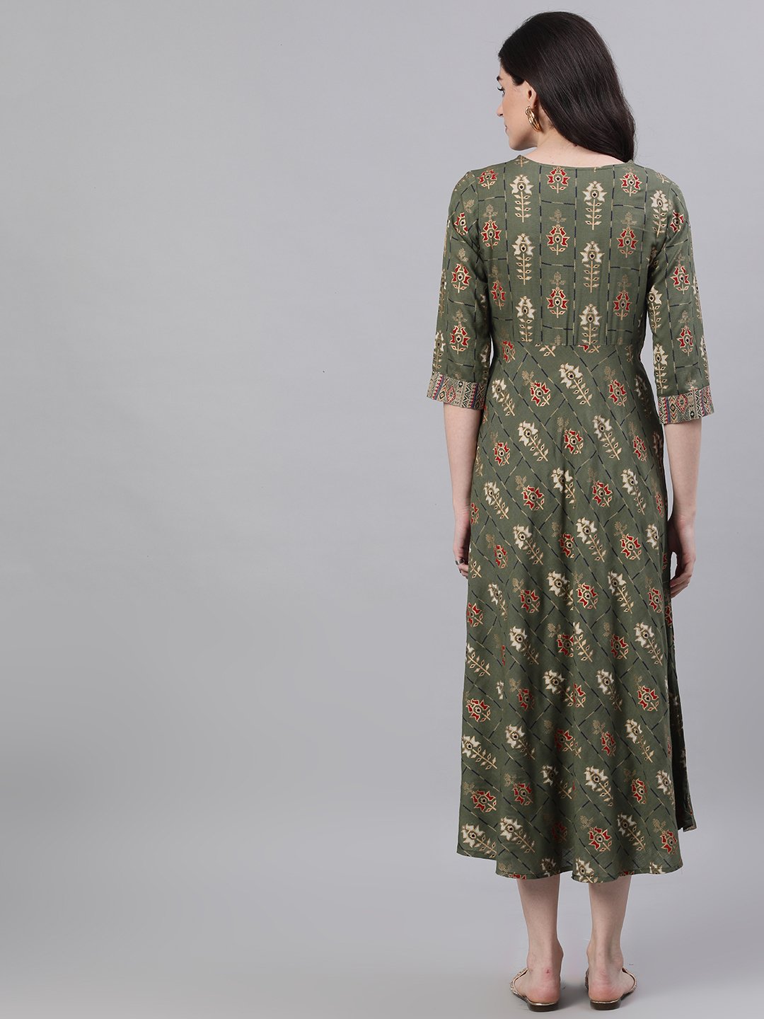 Women Green Geometric Printed Round Neck Cotton Maxi Dress | LASVINI - Redefining Indian Fashion with Elegance