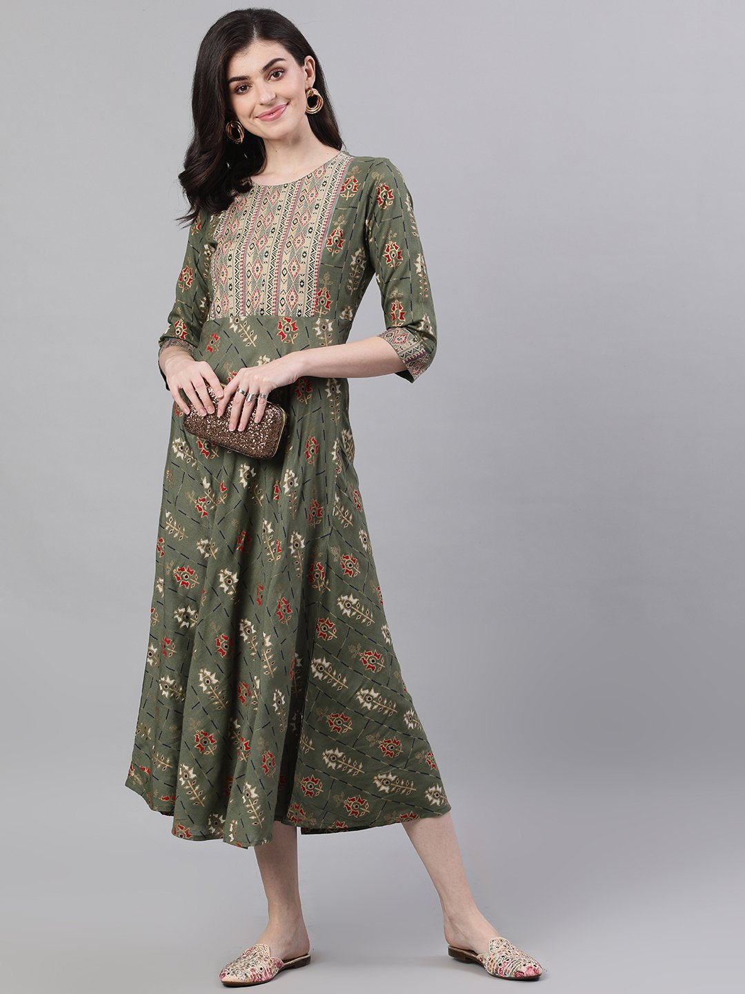 Women Green Geometric Printed Round Neck Cotton Maxi Dress | LASVINI - Redefining Indian Fashion with Elegance