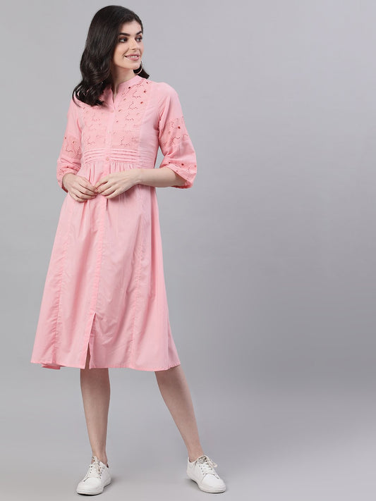 Women Pink Solid Solid Mandarin Collar Cotton Maxi Dress | LASVINI - Redefining Indian Fashion with Elegance