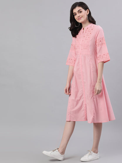 Women Pink Solid Solid Mandarin Collar Cotton Maxi Dress | LASVINI - Redefining Indian Fashion with Elegance