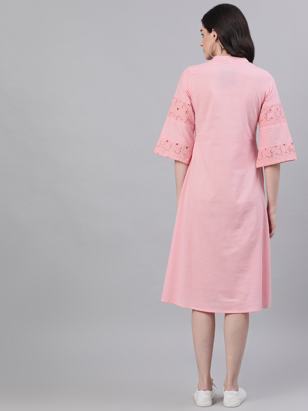 Women Pink Solid Solid Mandarin Collar Cotton Maxi Dress | LASVINI - Redefining Indian Fashion with Elegance