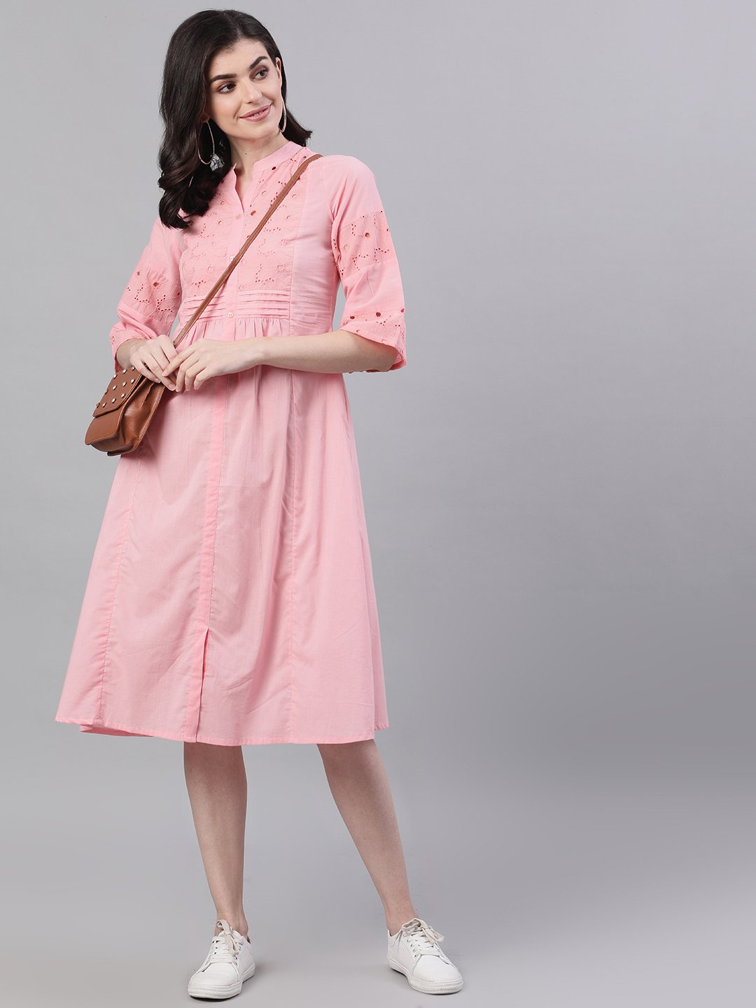 Women Pink Solid Solid Mandarin Collar Cotton Maxi Dress | LASVINI - Redefining Indian Fashion with Elegance
