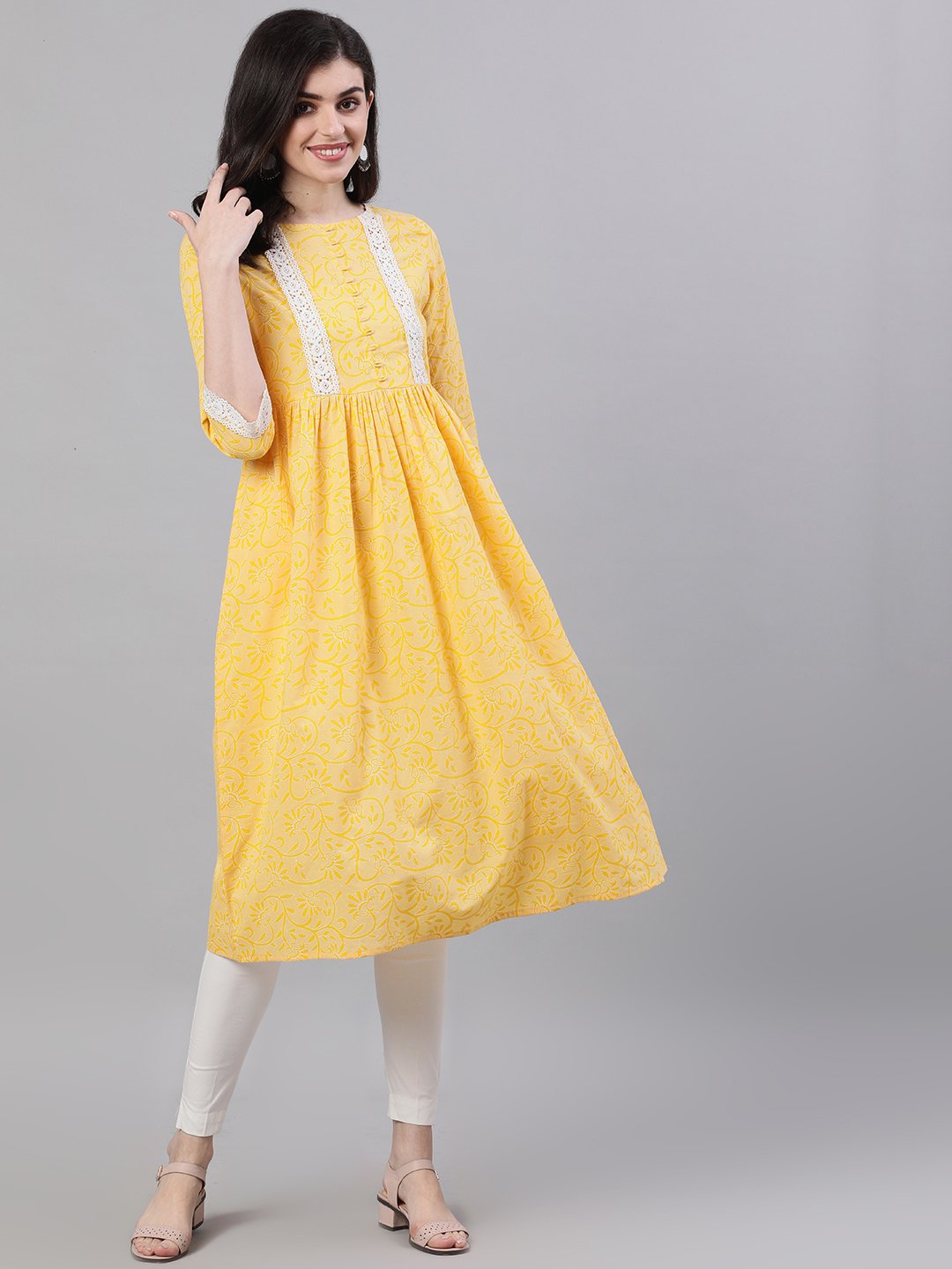 Women Yellow Front Yoke Lace Detail Printed Dress | LASVINI - Redefining Indian Fashion with Elegance