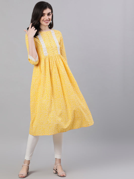 Women Yellow Front Yoke Lace Detail Printed Dress | LASVINI - Redefining Indian Fashion with Elegance