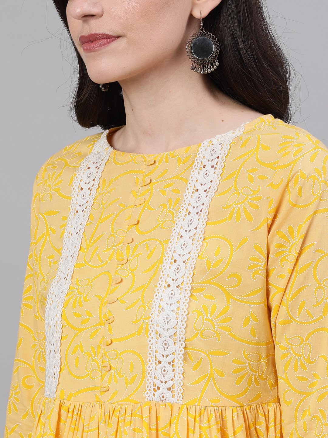 Women Yellow Front Yoke Lace Detail Printed Dress | LASVINI - Redefining Indian Fashion with Elegance